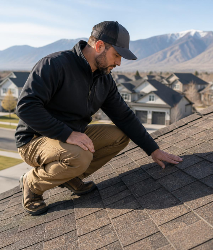 Roofing professional kneeling on a shingle roof and surveying the surface with one hand in daylight