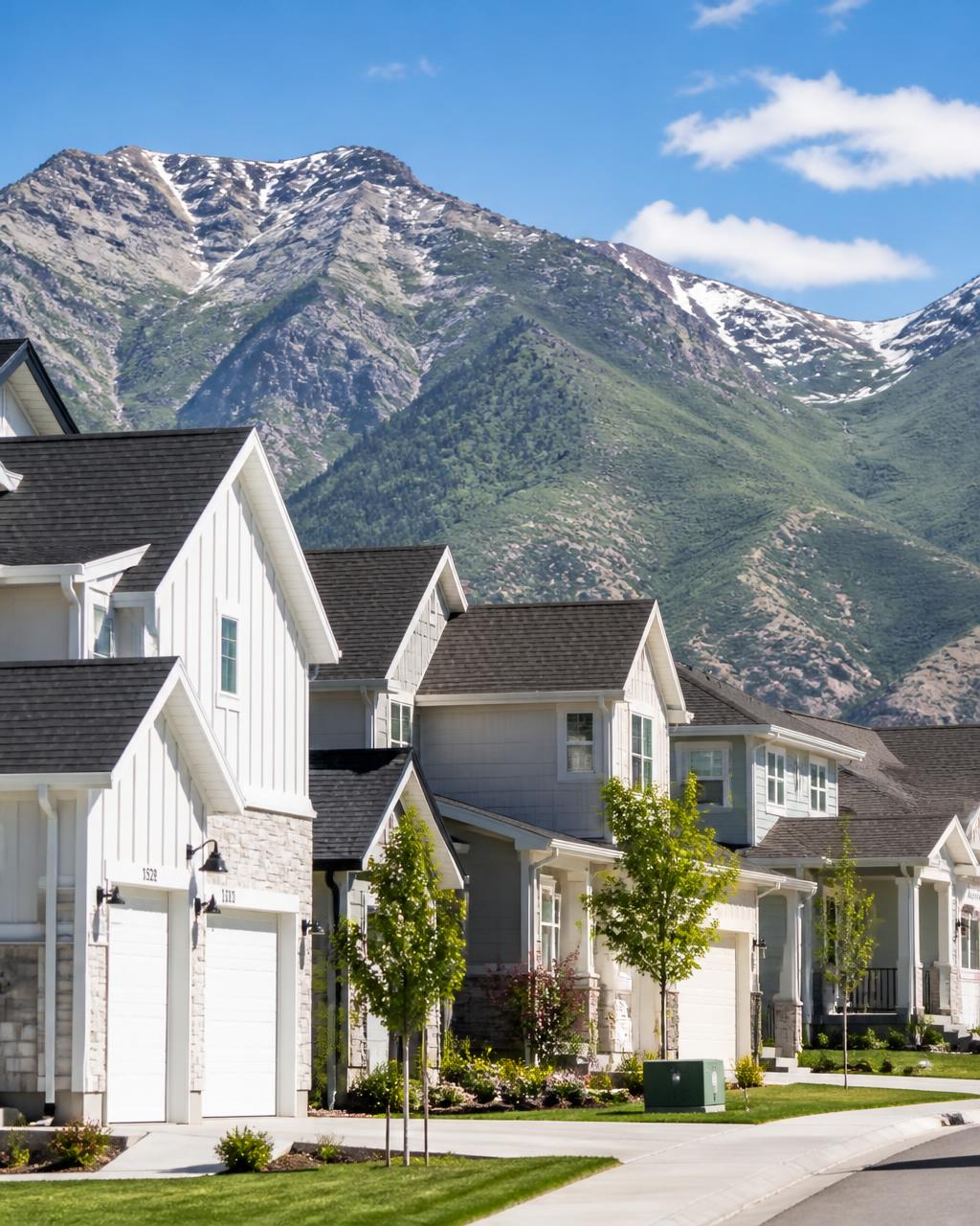 Row of Utah homes with visible shingle rooflines below a mountain ridge