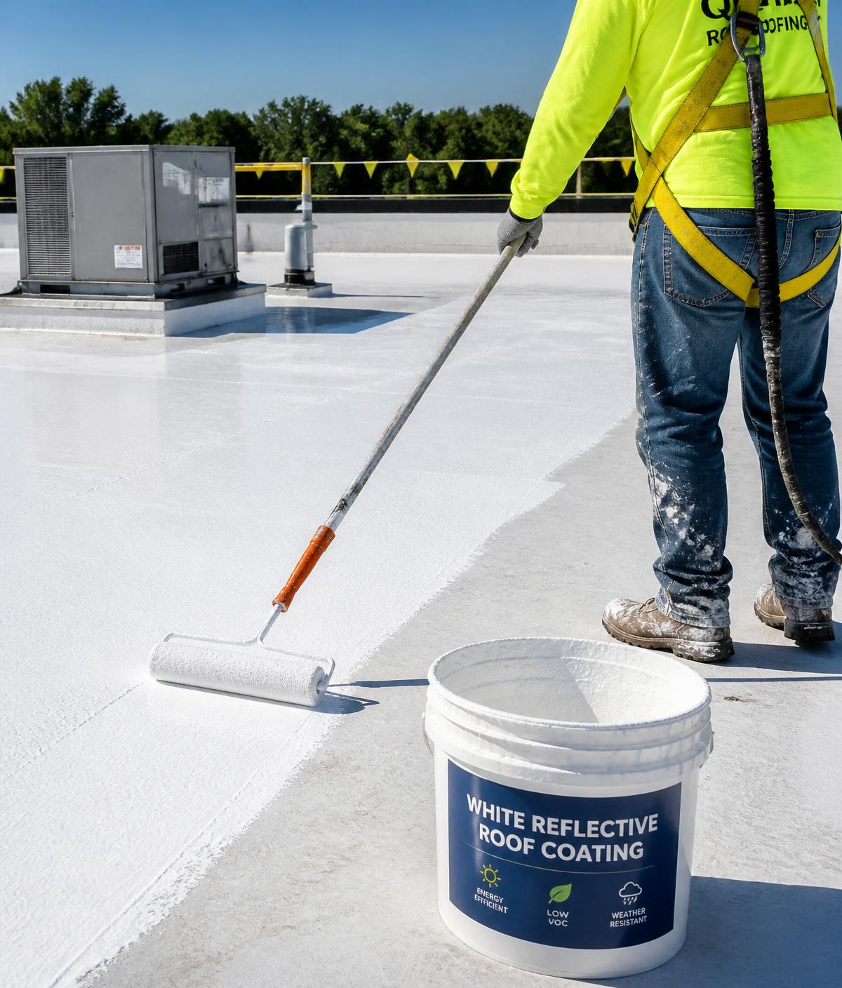 Professional applying white reflective roof coating with a roller on a flat roof