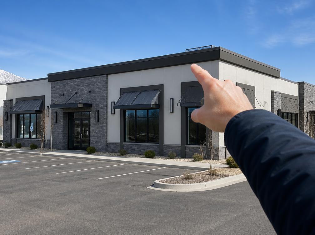 Property manager pointing toward a low-slope commercial roof