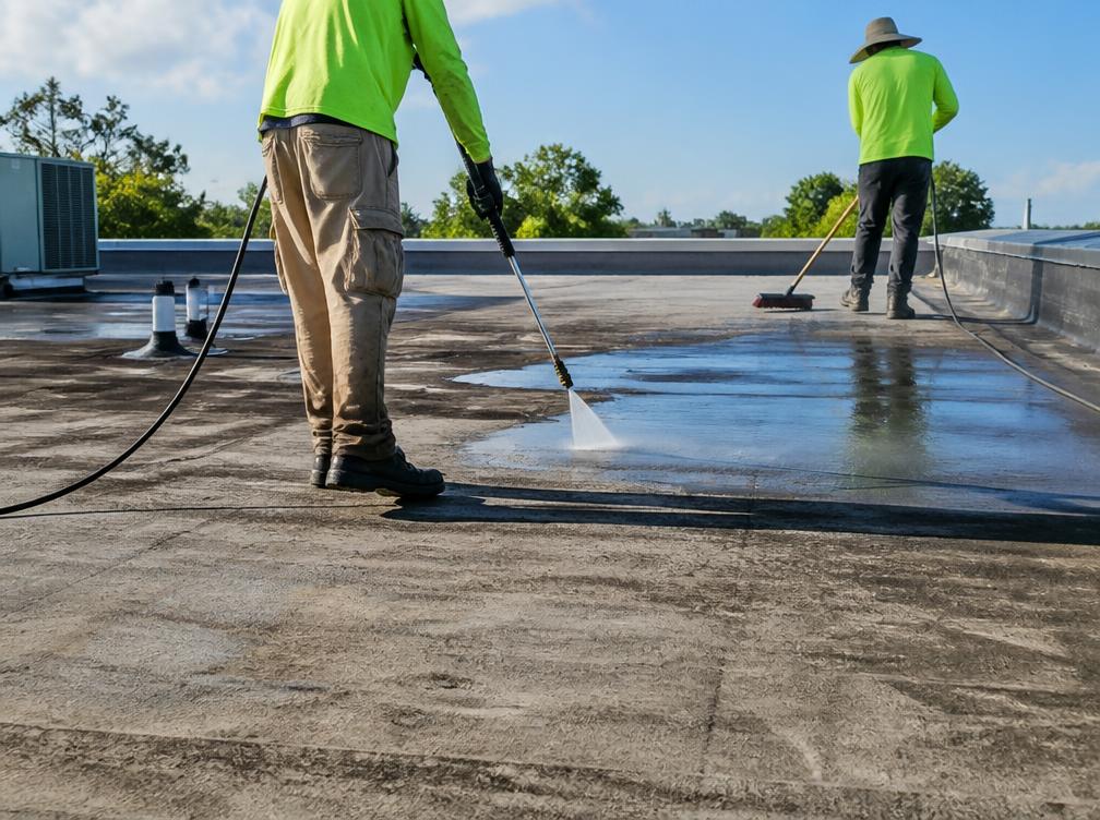 Crew pressure washing and cleaning a flat roof before coating
