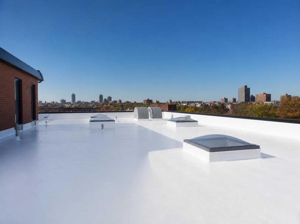 Freshly applied white reflective coating covering a flat commercial roof