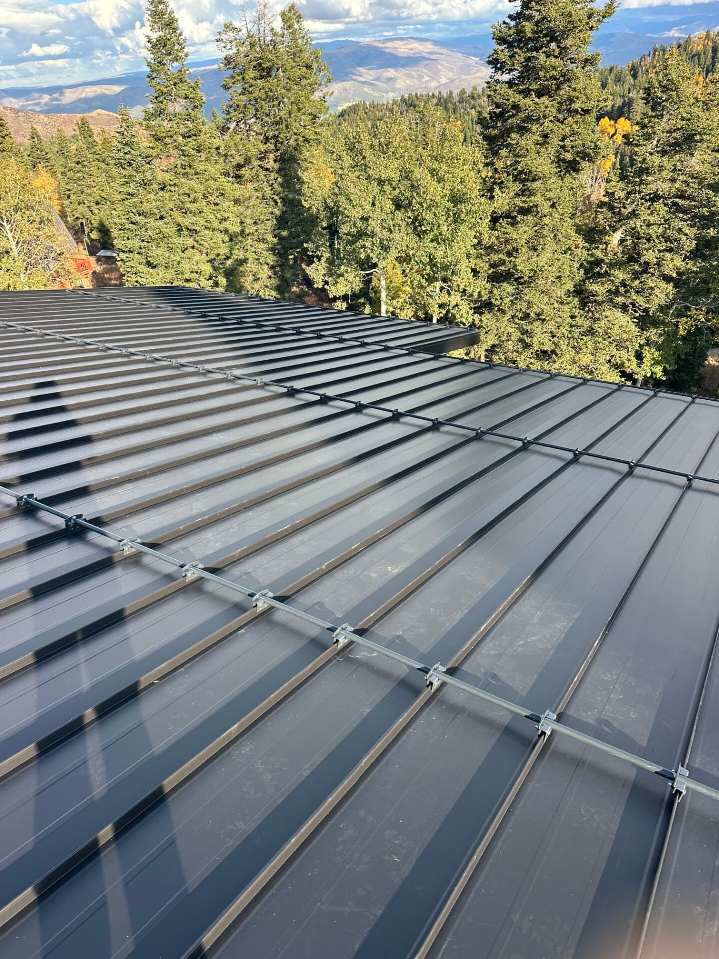 Dark standing seam metal roof with snow retention bars overlooking mountain forest