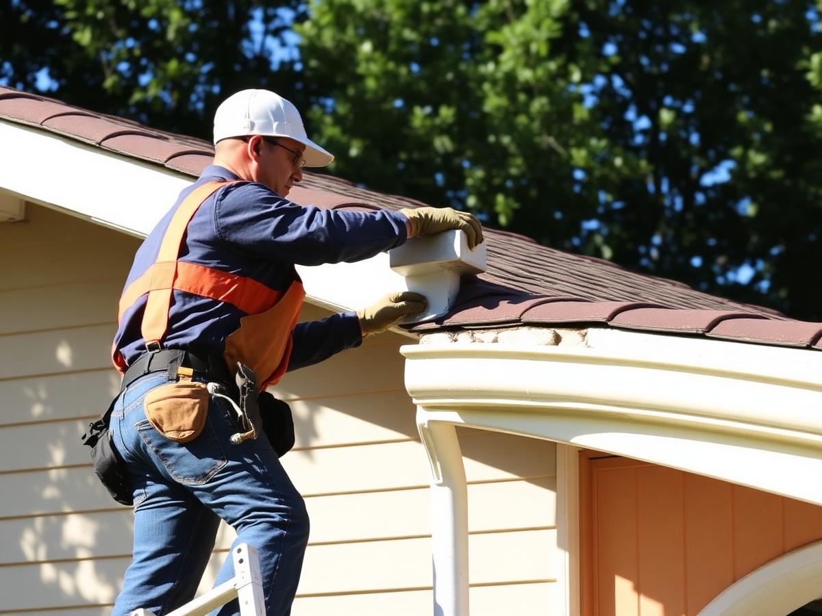 Contractor on a ladder inspecting a gutter run and fascia board