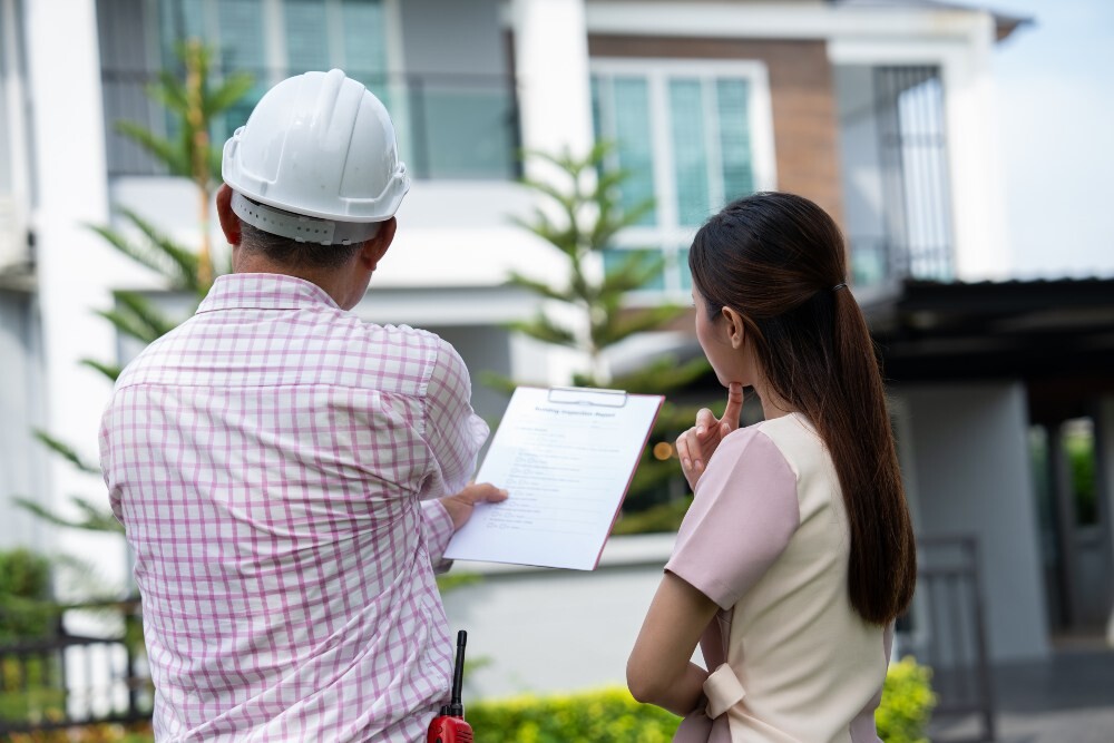 Contractor and homeowner reviewing a written gutter plan on a clipboard