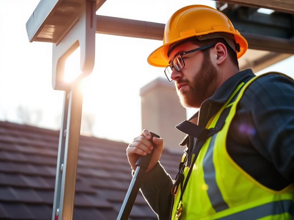 Roofing inspector on a ladder examining roof shingles and flashing