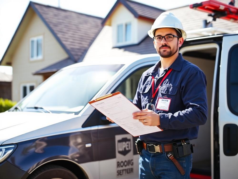 Roofing inspector with a clipboard and a labeled roof inspection report