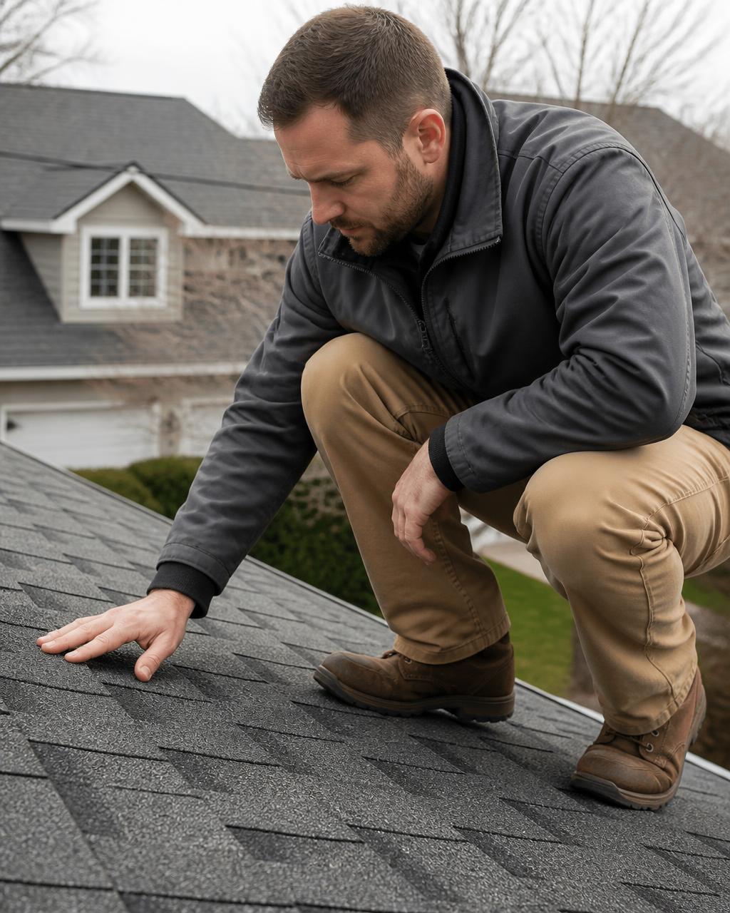 Roofing professional inspecting asphalt shingles on a home