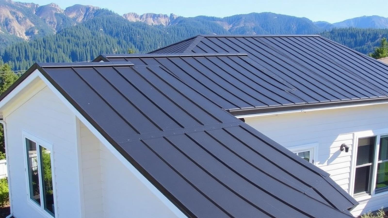 Home with a dark standing seam metal roof on a bright day