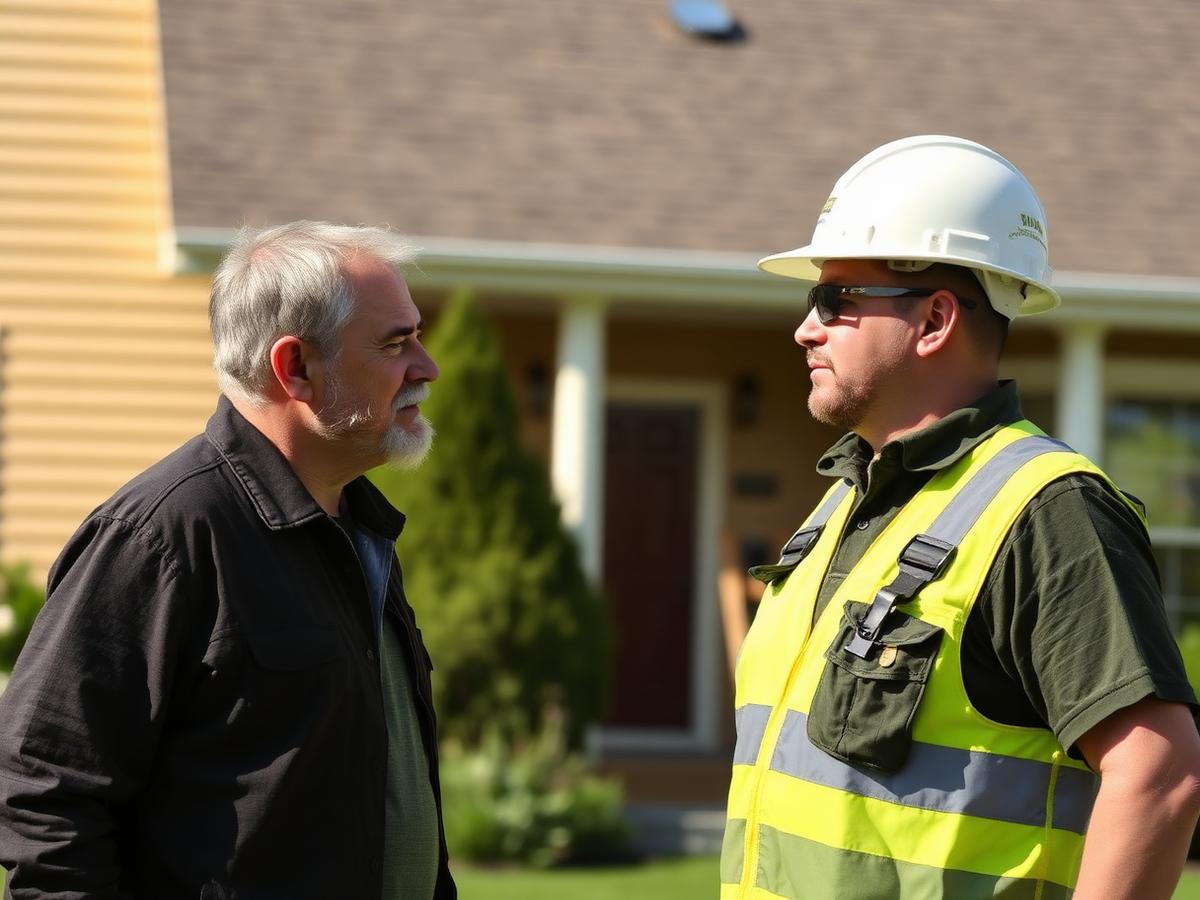 Homeowner talking with a roofing contractor outside a house