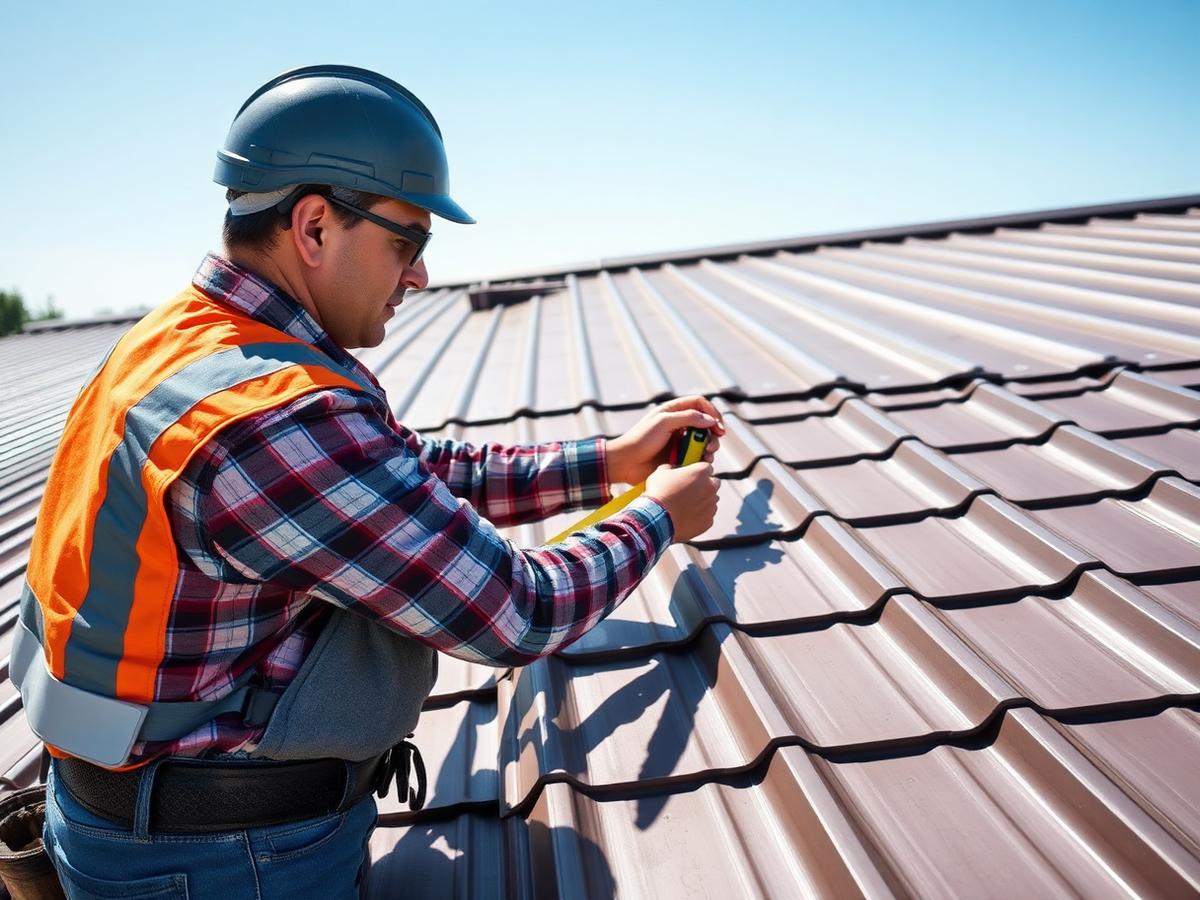 Roofing contractor measuring a metal roof with a tape measure