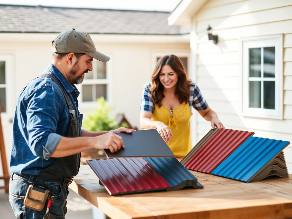 Contractor showing metal roofing panel samples to a homeowner