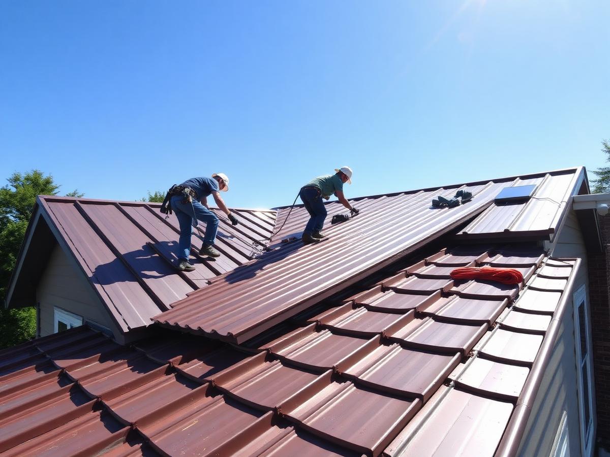 Roofing crew installing standing seam metal roof panels