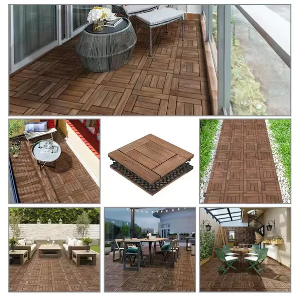 Collage of outdoor deck and patio tile installations showing finished surface options