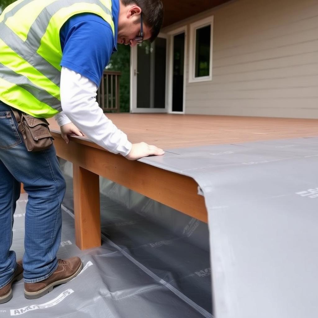 Contractor inspecting deck edge and waterproofing transition