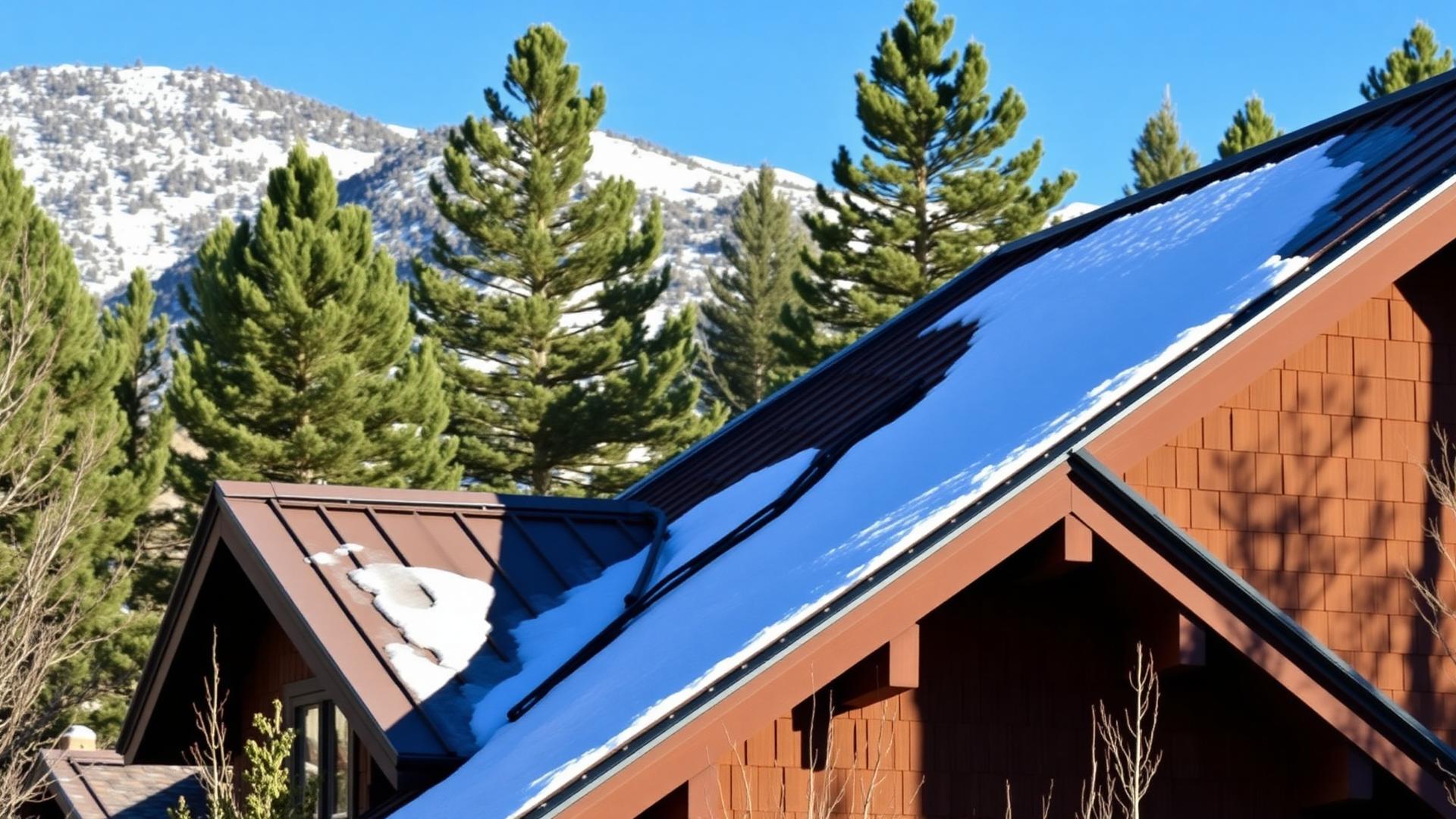 Steep mountain home roofline with snow and pine trees near Park City, Utah