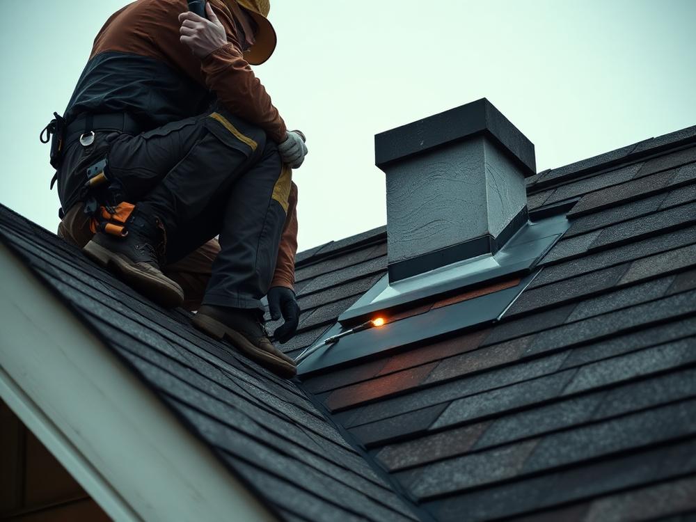 Roofer inspecting flashing around a chimney