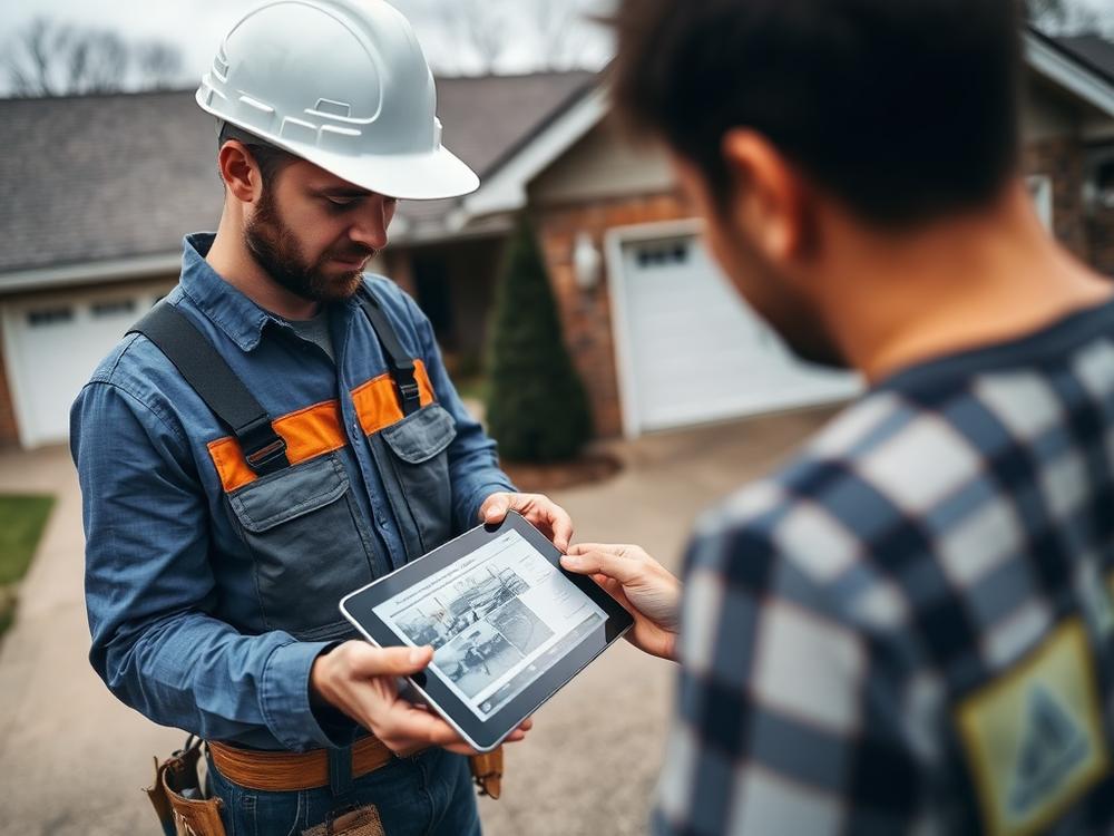 Roofing contractor reviewing inspection photos with a homeowner