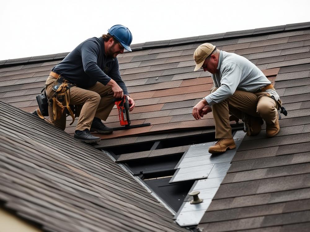 Roofing crew installing new shingles on a repaired roof section