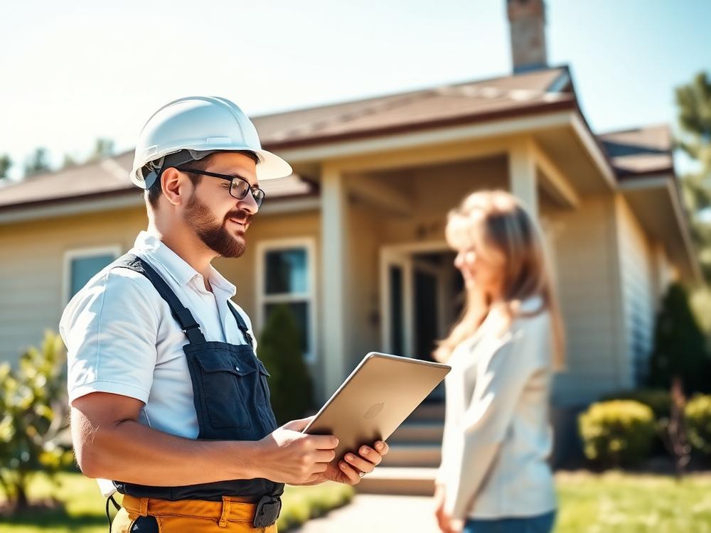 Roofing contractor reviewing a tablet with a homeowner beside their home
