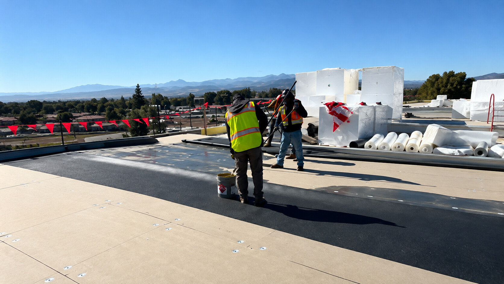 Bright white reflective roof coating on a low-slope commercial roof in Utah