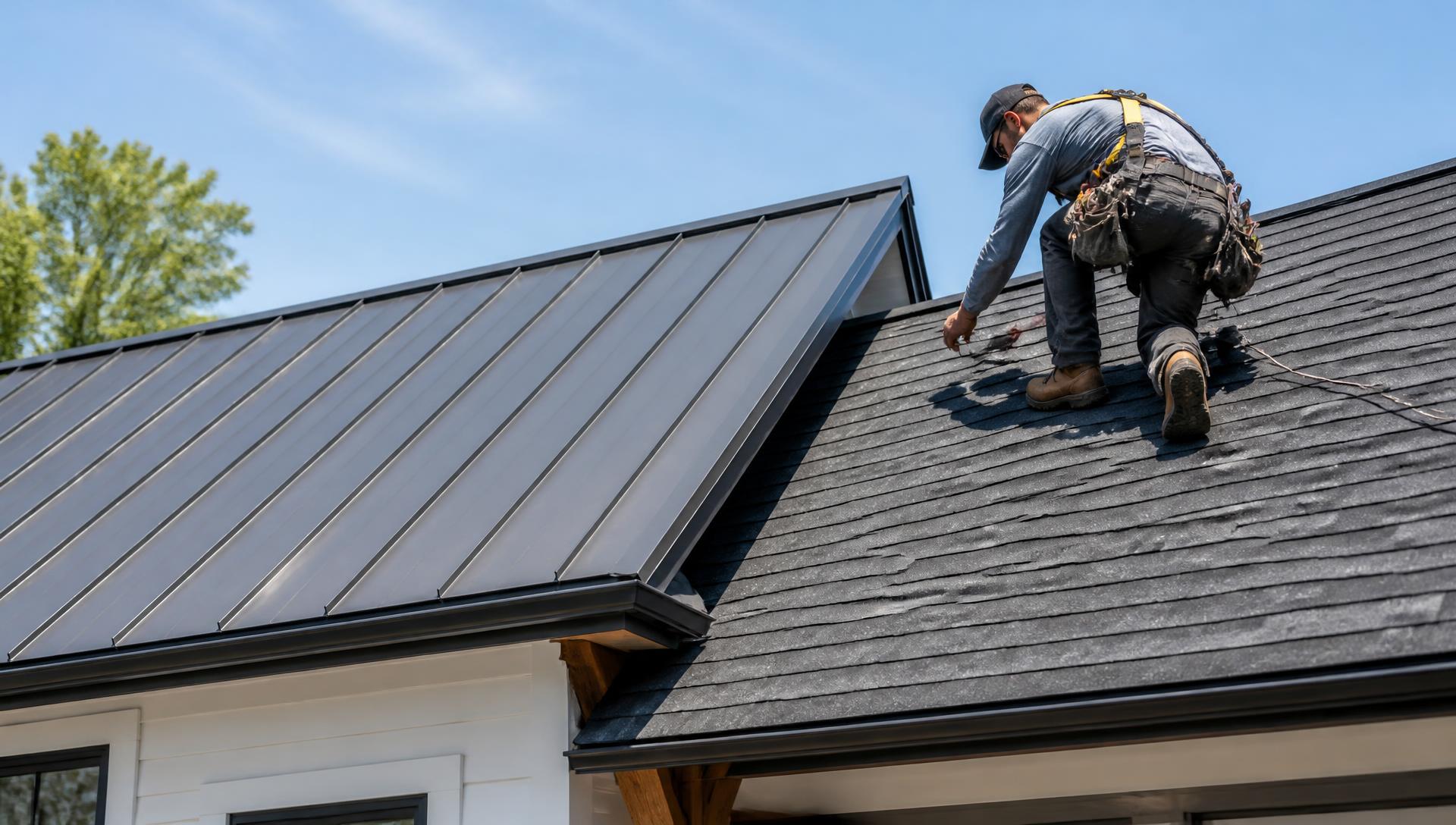 Roofer working on a metal and shingle roof under a clear blue sky