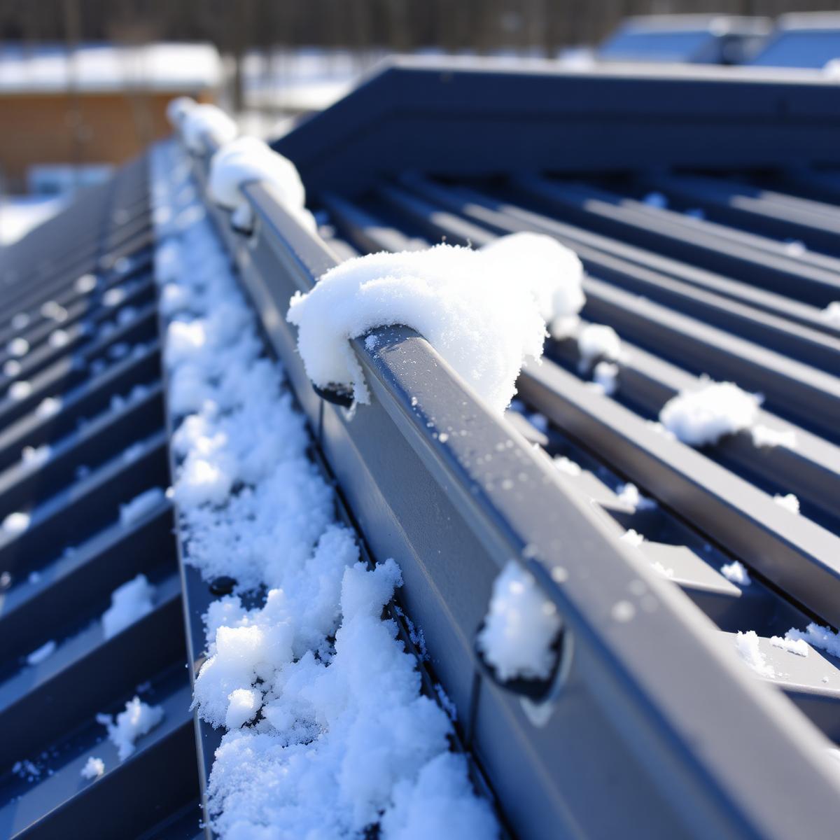 Snow rail mounted along a standing seam metal roof holding snow