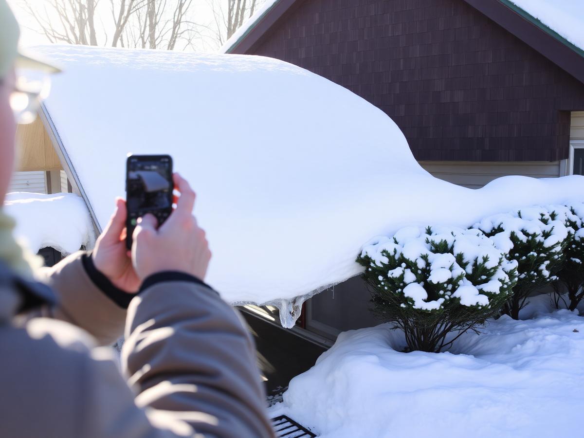 Homeowner photographing snow sliding off a sloped roof