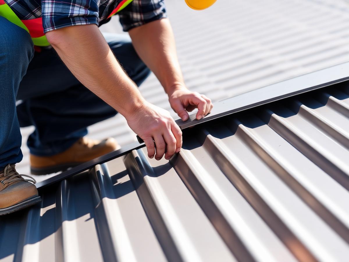 Contractor inspecting a metal roof panel and seam