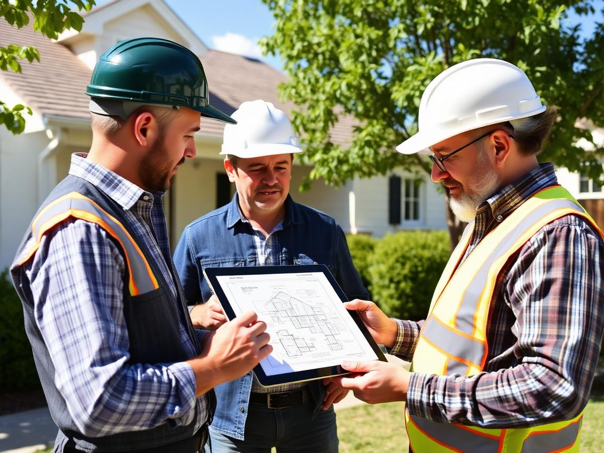 Contractor reviewing a roof layout plan with a property owner