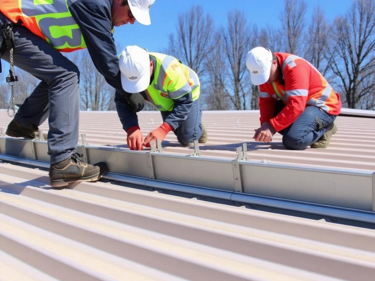 Crew installing snow retention rails on a metal roof