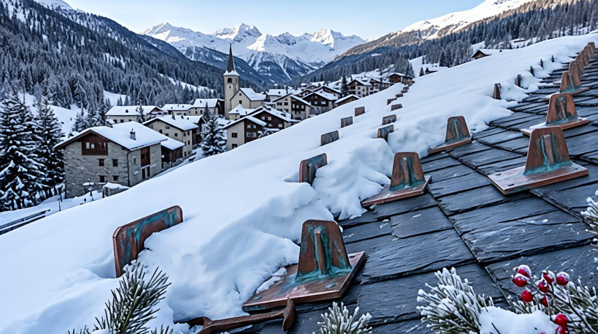 Snow guards on a slate roof above a snowy alpine village with mountain peaks