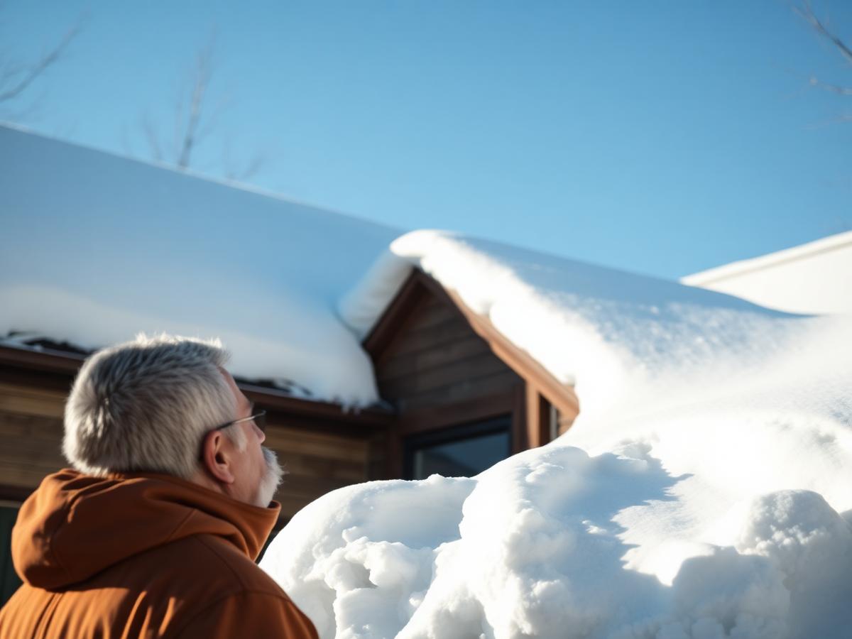 Property owner looking up at deep snow on a house roof