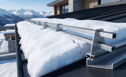 Snow retention rail on a sloped roof holding back a layer of snow