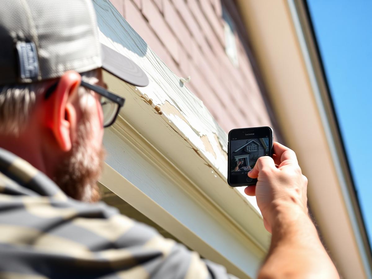 Homeowner photographing peeling paint on a fascia board