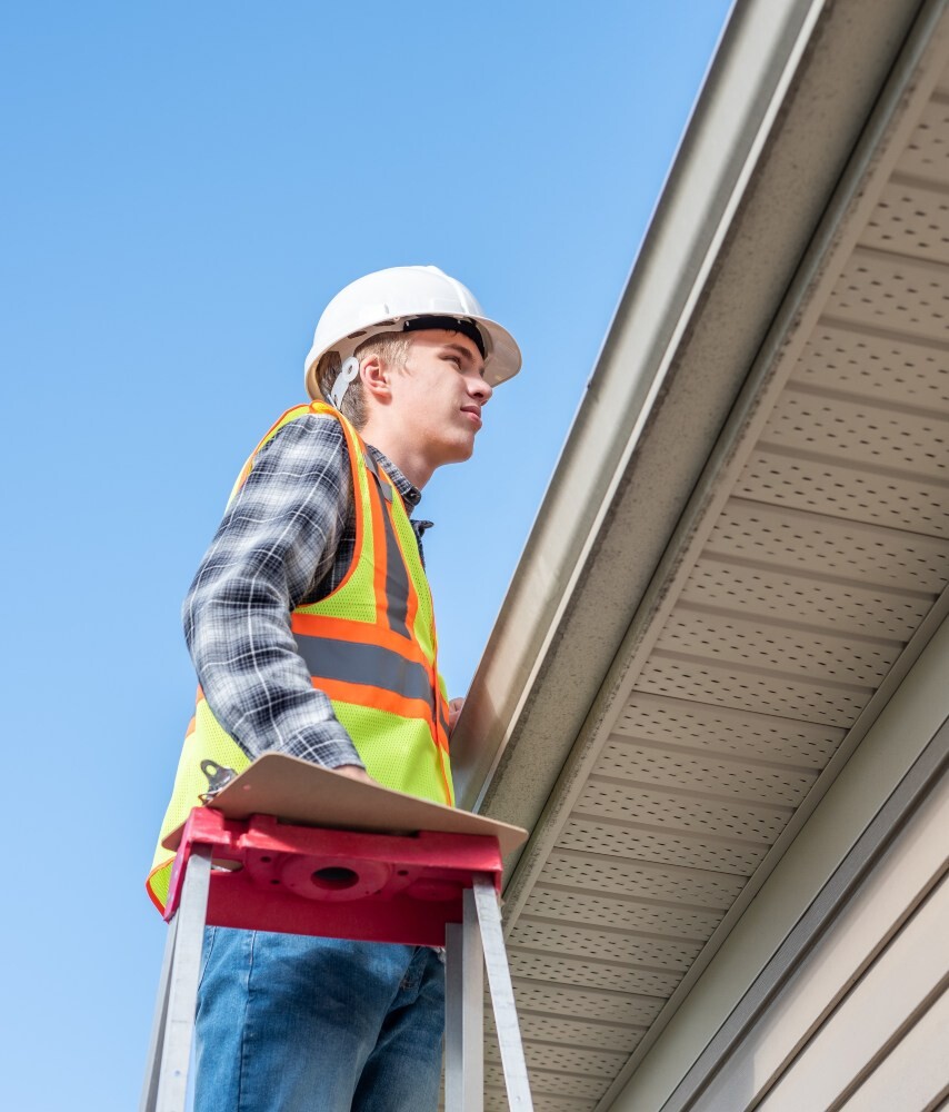 Contractor on a ladder inspecting perforated soffit and fascia at a roof eave