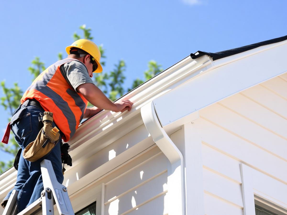 Crew installing new fascia and soffit along a roof edge