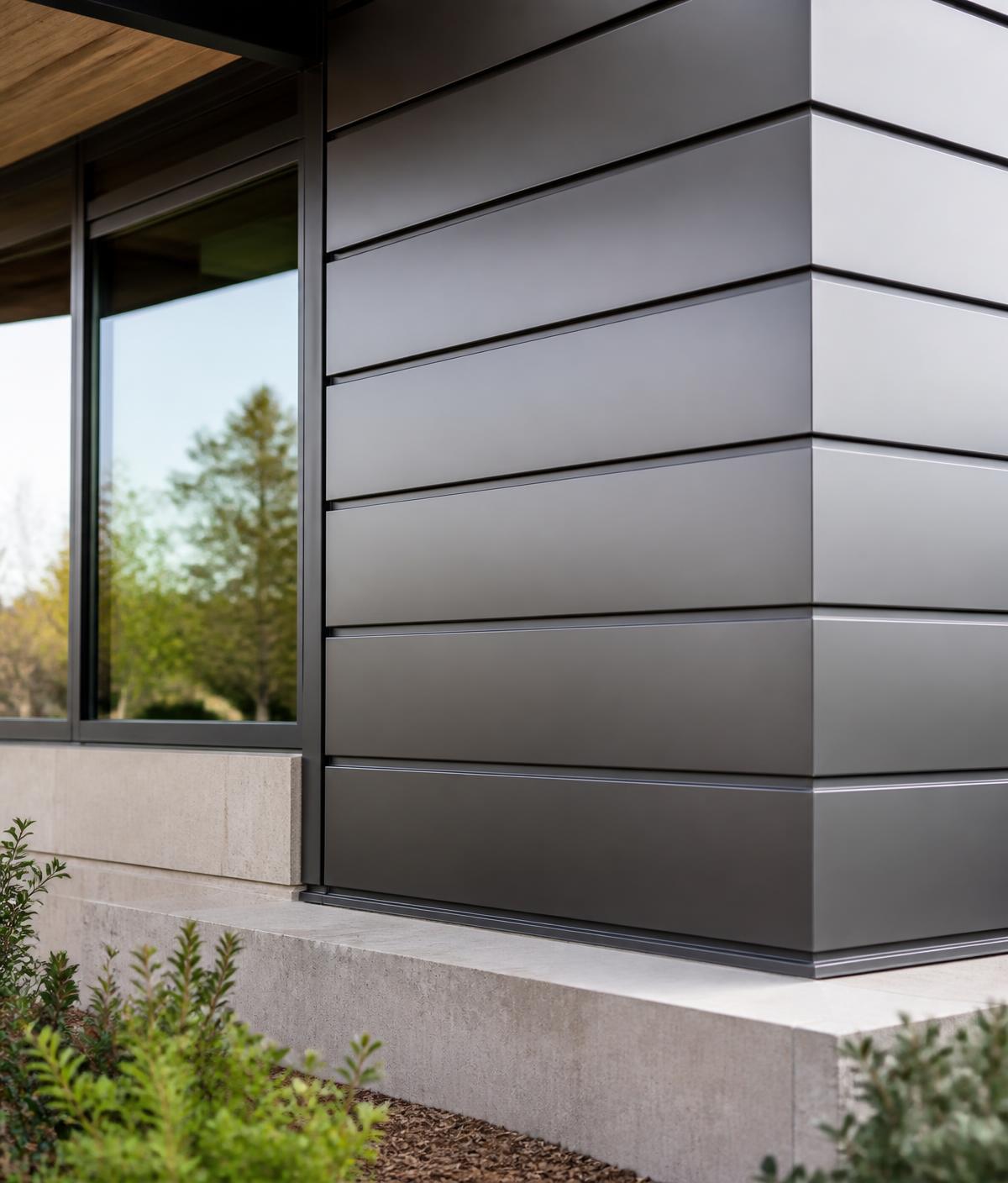 Close-up of horizontal metal wall panels meeting a window corner