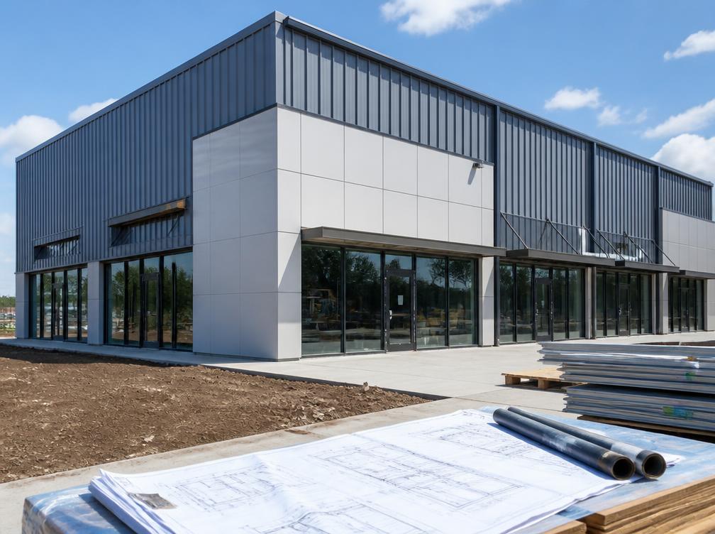 Building exterior with wall panel materials and plans ready for review