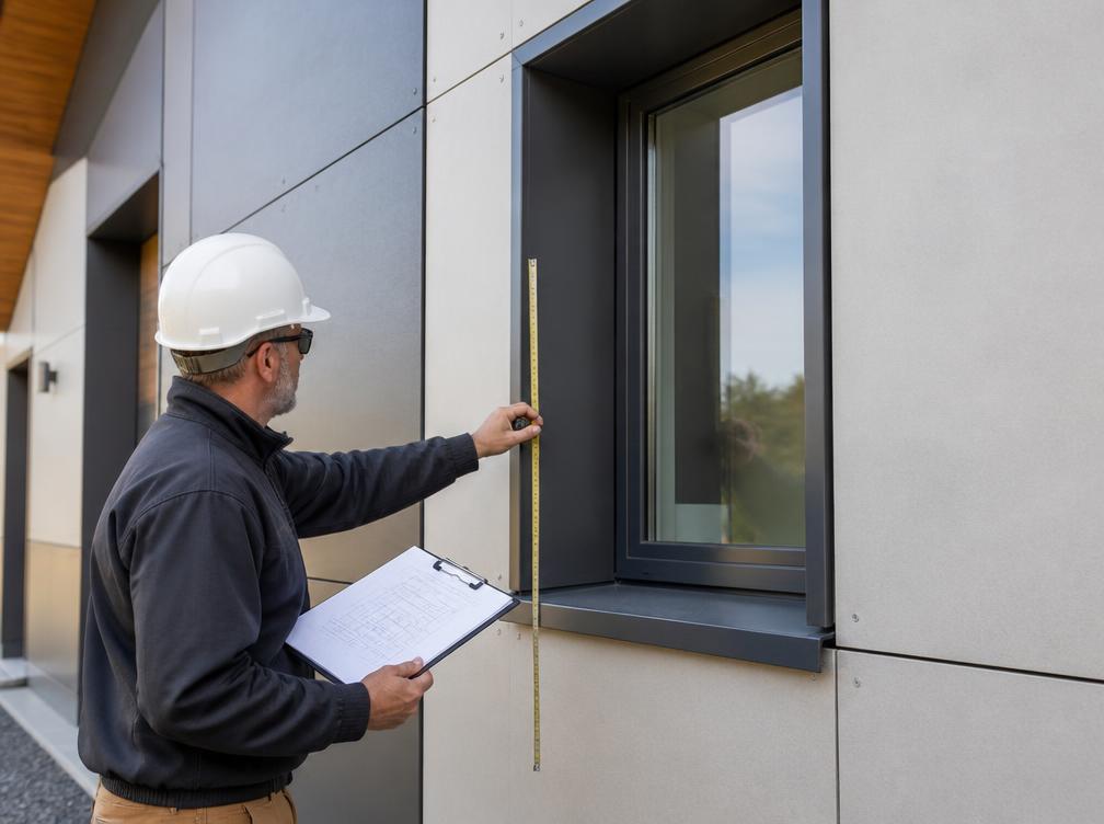 Contractor measuring a window transition on a metal wall panel exterior