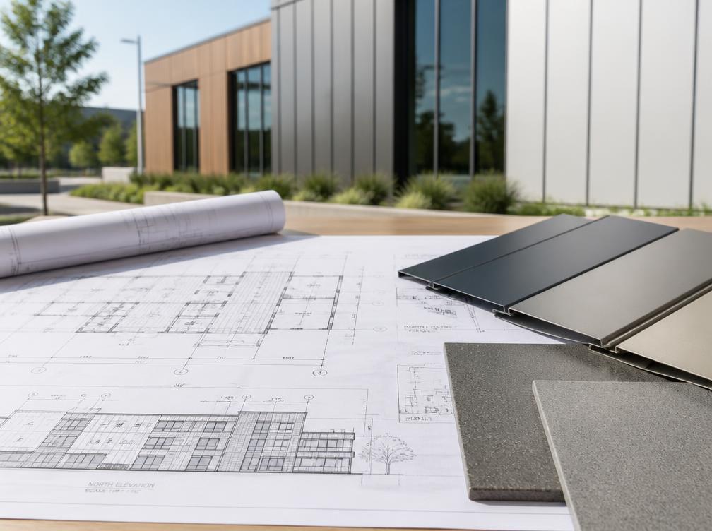 Wall panel samples and architectural drawings on a table