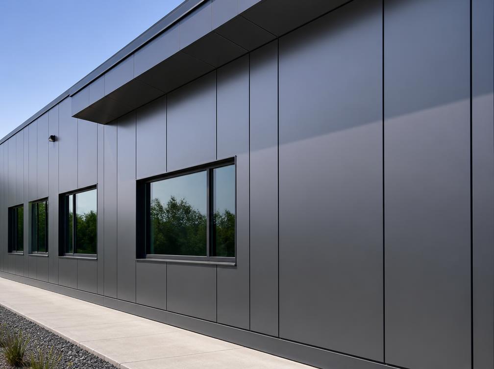 Completed metal wall panel installation with clean trim and windows
