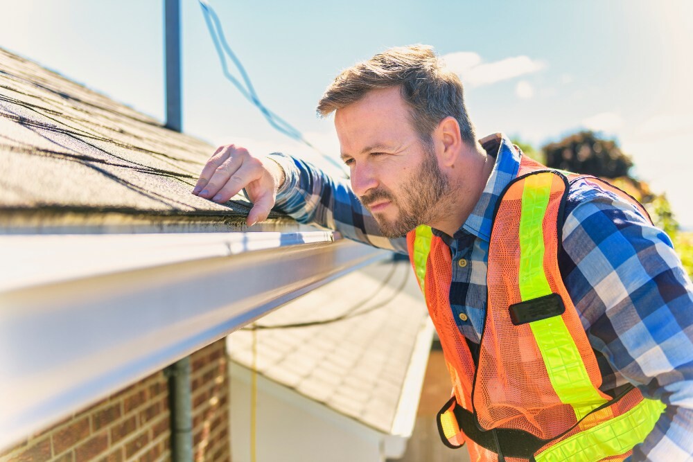 Roofing contractor inspecting a shingle roof edge and gutter for damage