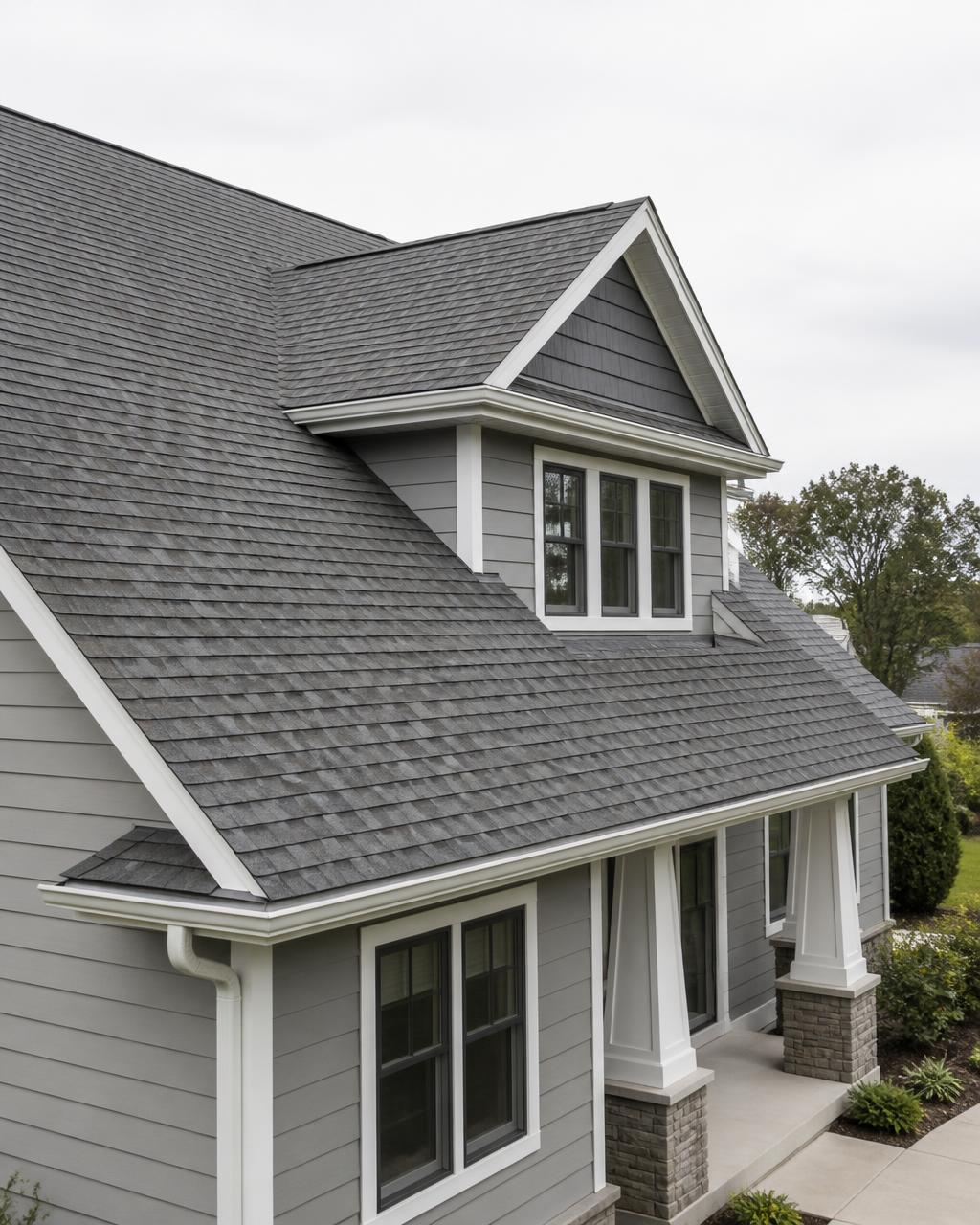 Completed asphalt shingle roof with white trim and gutters